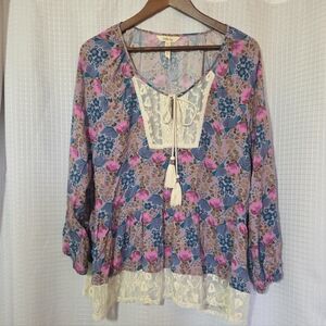 Matilda Jane Pink & Blue Floral Lace-Front Boho Tunic Size Large